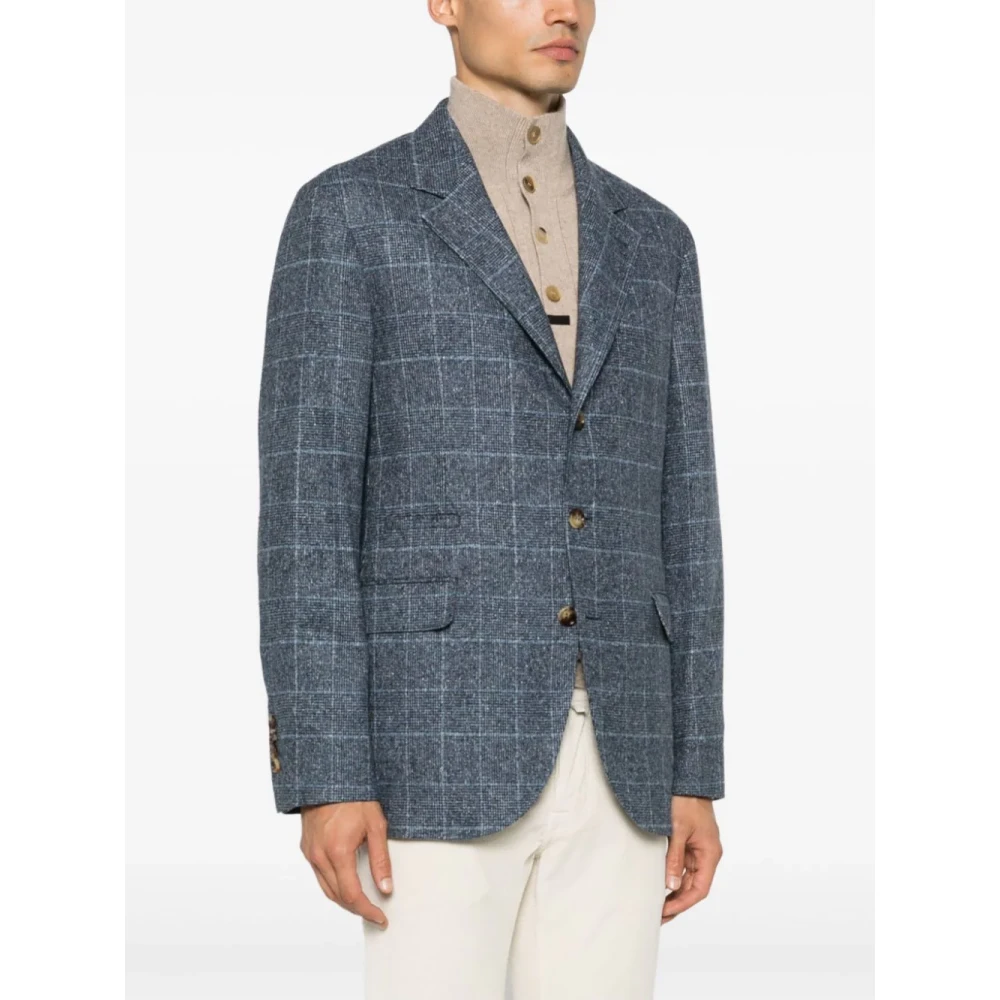 BRUNELLO CUCINELLI Geruite Blazer Met Revers Lange Mouw Blue Heren