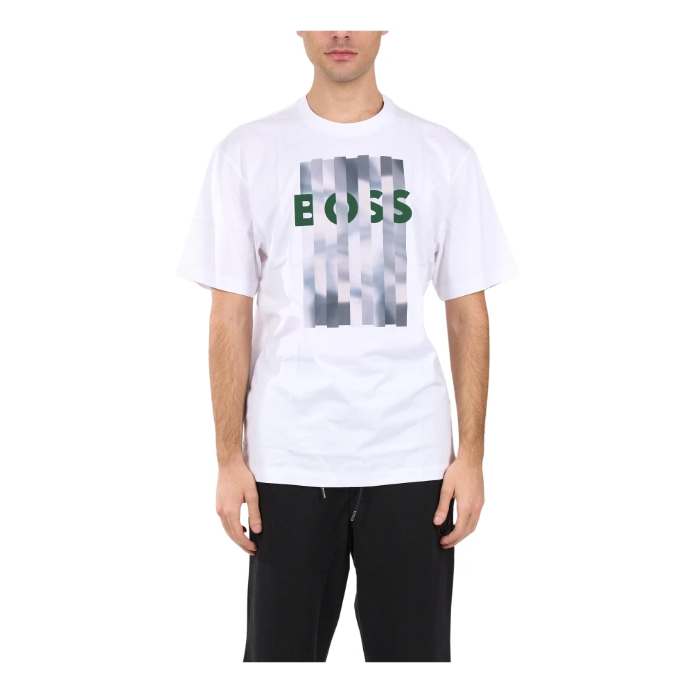 Hugo Boss Katoenen Grafisch Print Crewneck T-shirt White Heren