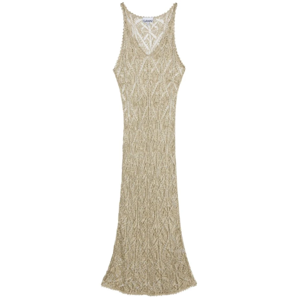 Ganni Midi V-Neck Metallic Jurk Beige Dames