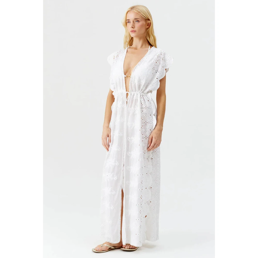Melissa Odabash Witte Talitha Kaftan met Bloemendetails White Dames