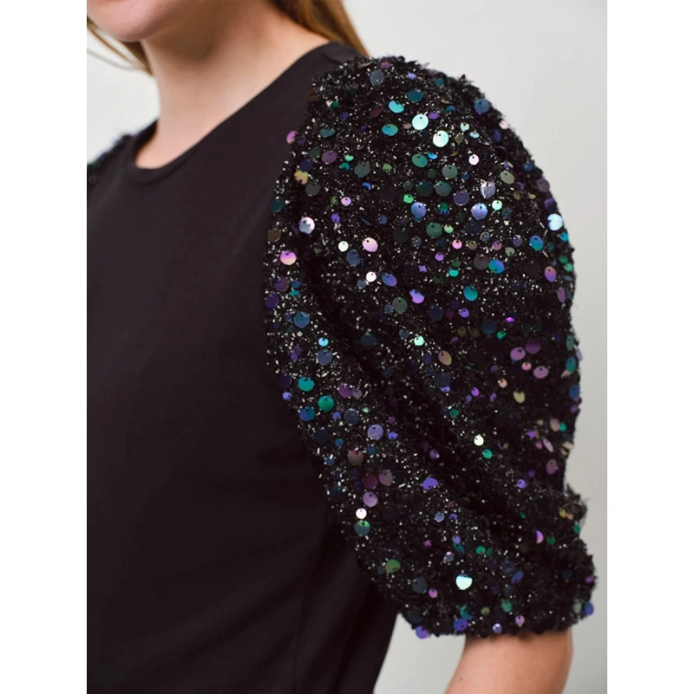 Dante 6 Zwart Paillet Pofmouw Katoenen Top Black Dames