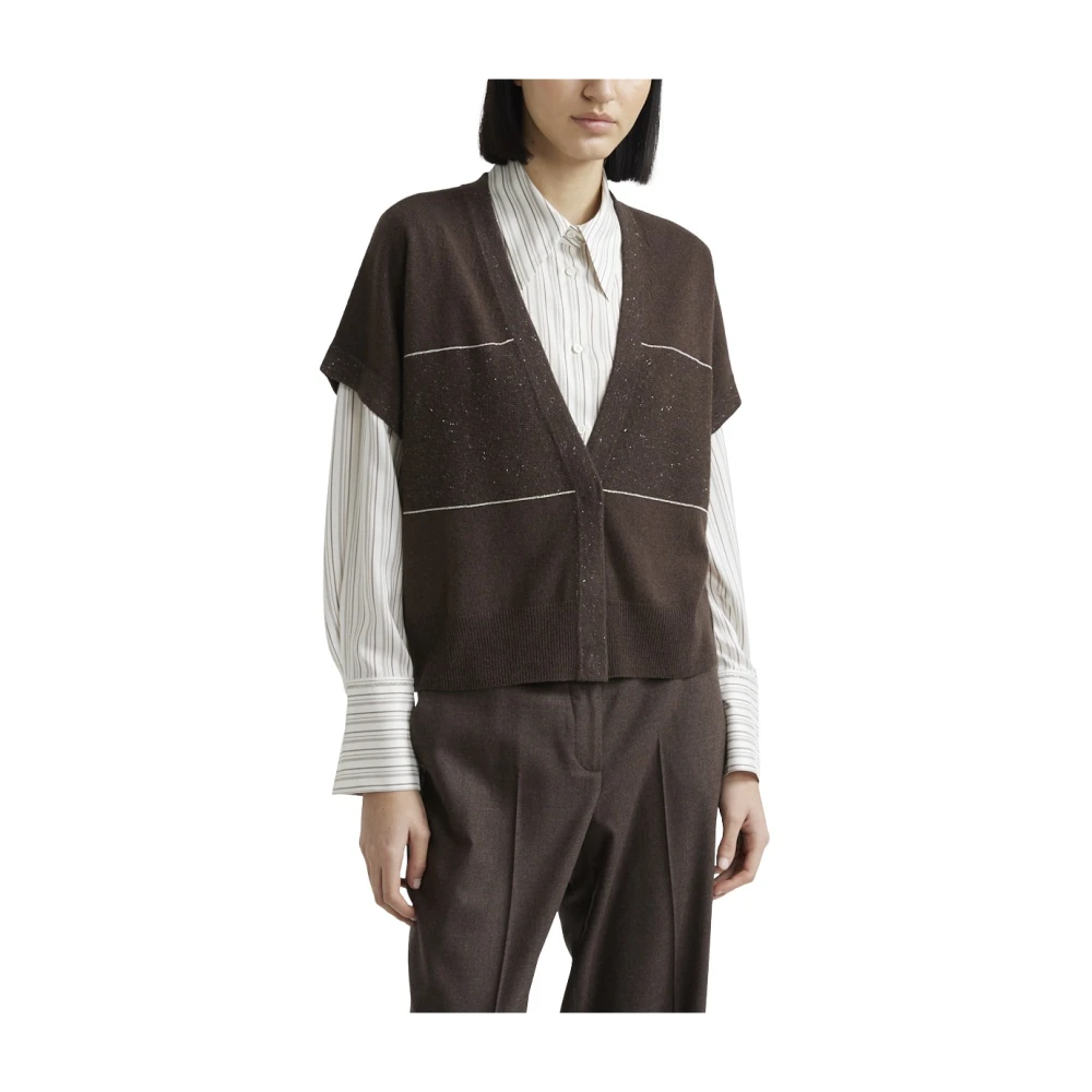 PESERICO Wol zijde kasjmier en lurex korte mouw vest Brown Dames