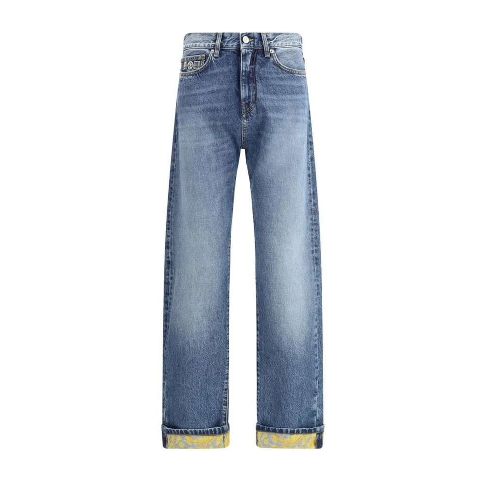 Versace Gestreepte hoge taille jeans met Barocco revers Blue Heren