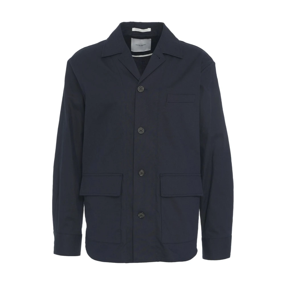 Paolo Pecora Men's Blue Light Jackets, L, Linen Blend Overshirt Jacket