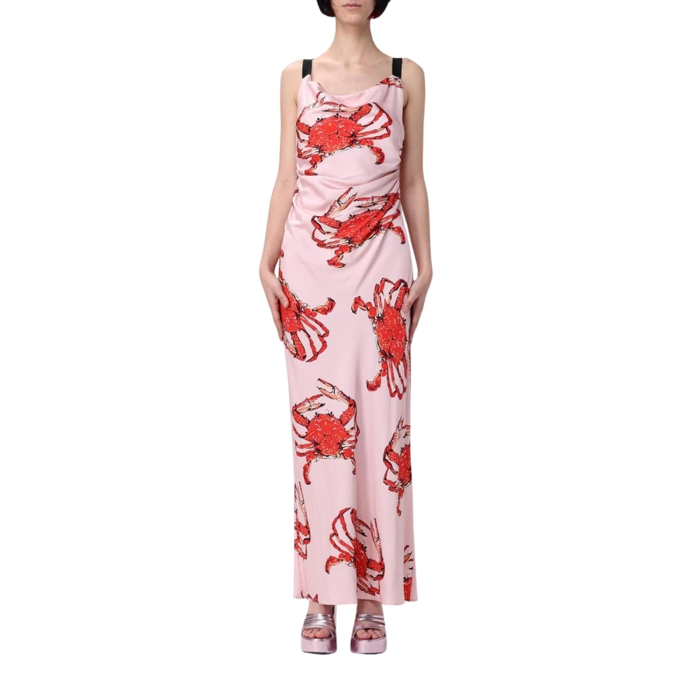 Msgm , Maxi Dresses, Female, Pink, L, Pink Silk Maxi Dress With Crab Print