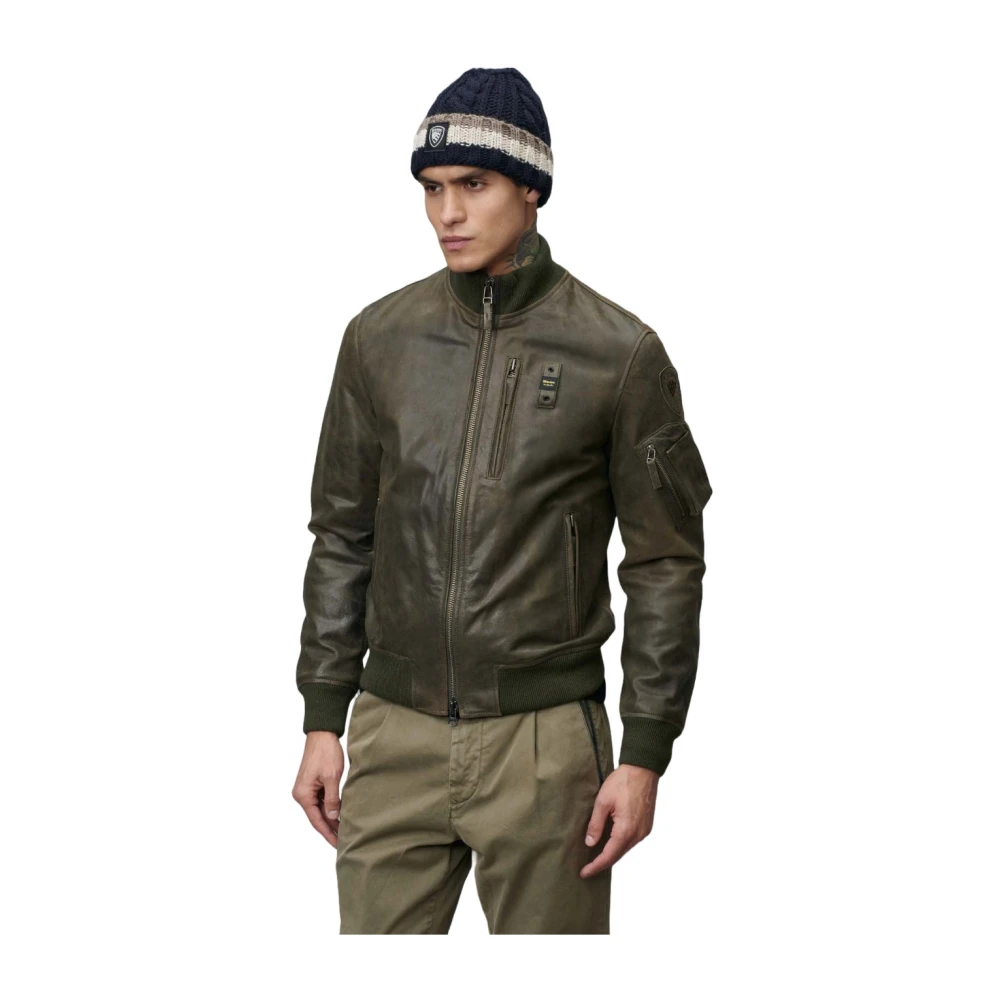 Blauer Leren Bomberjack Green Heren