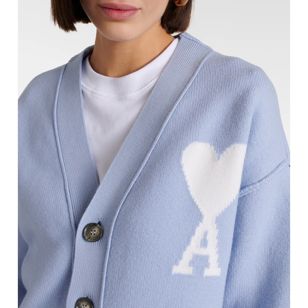 Ami Paris Blauwe Cashmere Logo Cardigan Oversize Blue Heren