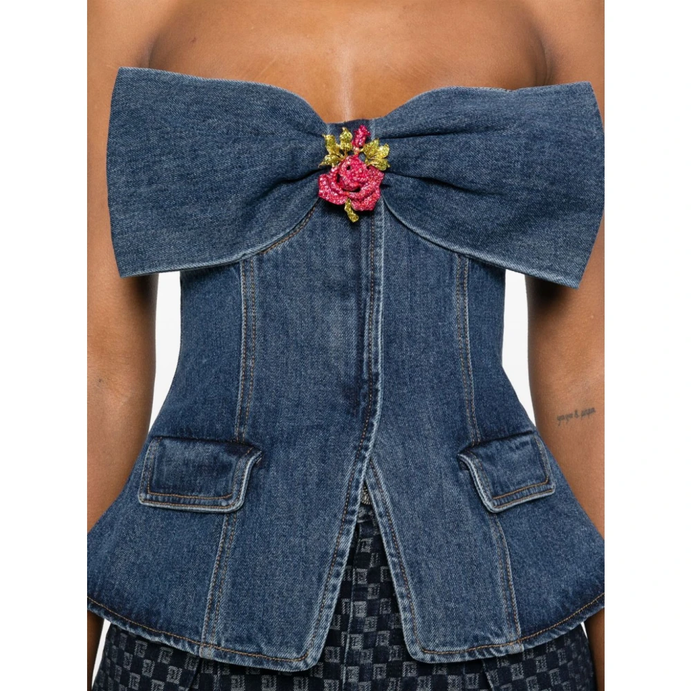 Self Portrait Blauwe Denim Bandeau Top met Diamanten Broche Blue Dames