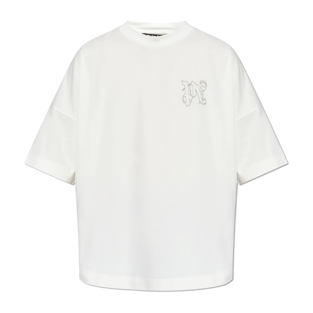 Palm Angels Men's White T-Shirts, M, T-Shirt With Embroidered Logo