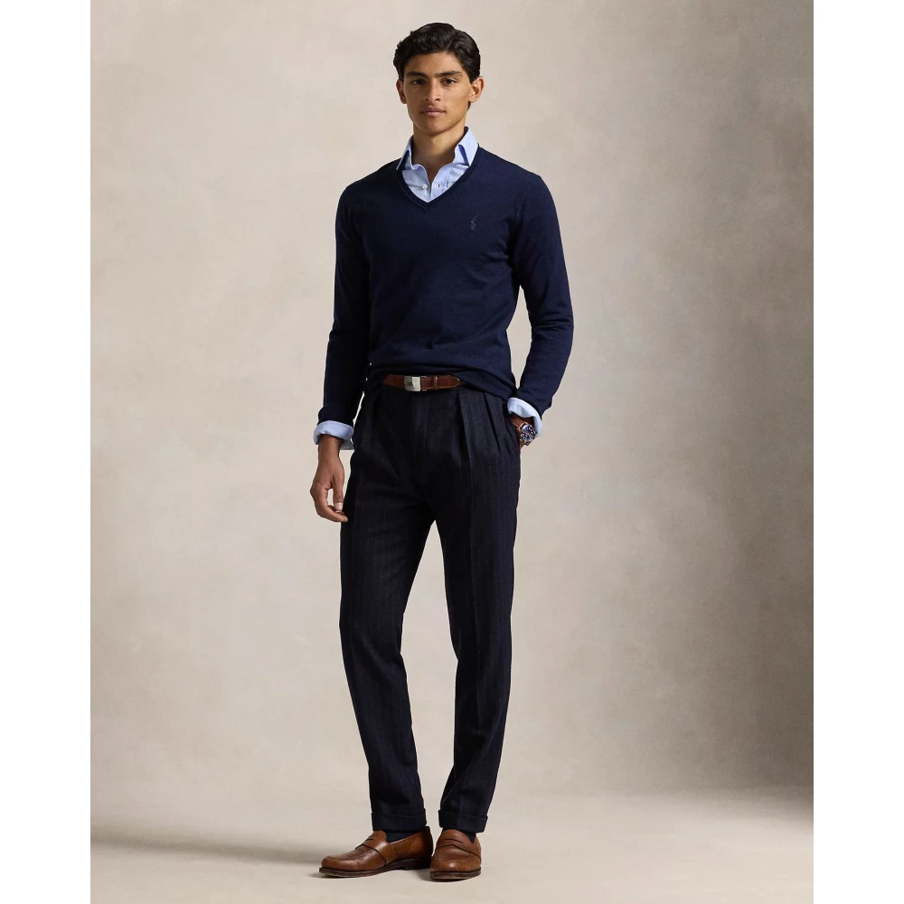 Polo Ralph Lauren Slim-Fit Wasbare Wollen V-Hals Trui Blue Heren