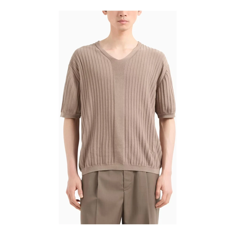 Emporio Armani Geribbelde V-hals trui met geborduurde adelaar Beige Heren