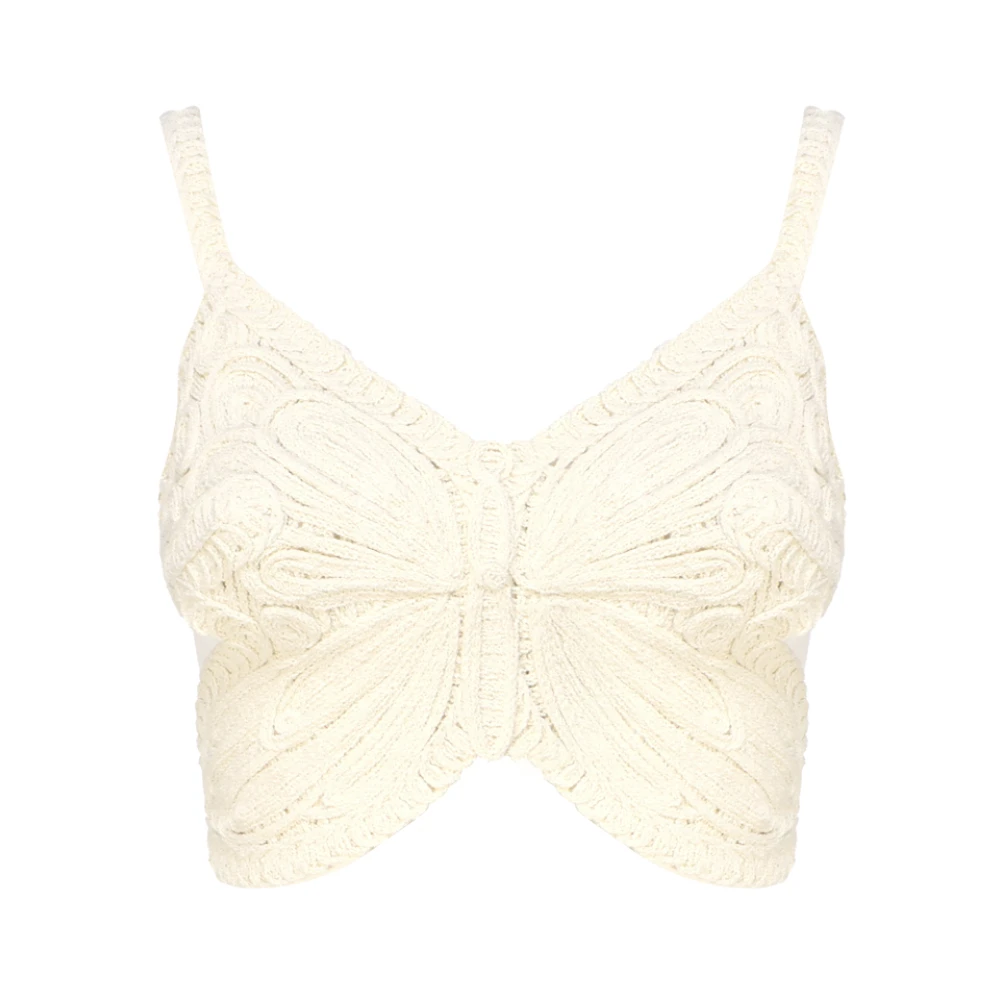 Blumarine Vit Ribbad Crop Top med Fjärilsvinge Brodyr White, Dam