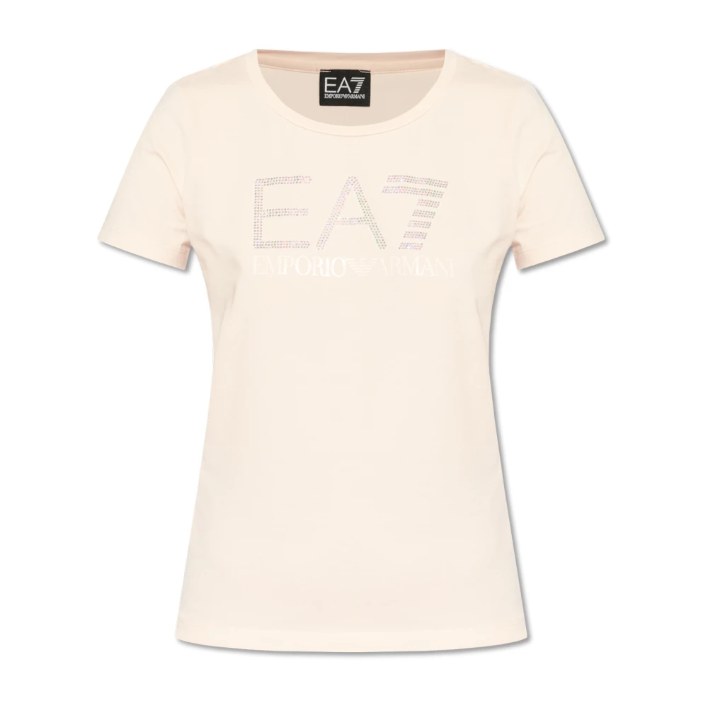 Emporio Armani EA7 Effen Logo Strass T-shirt Pink Dames