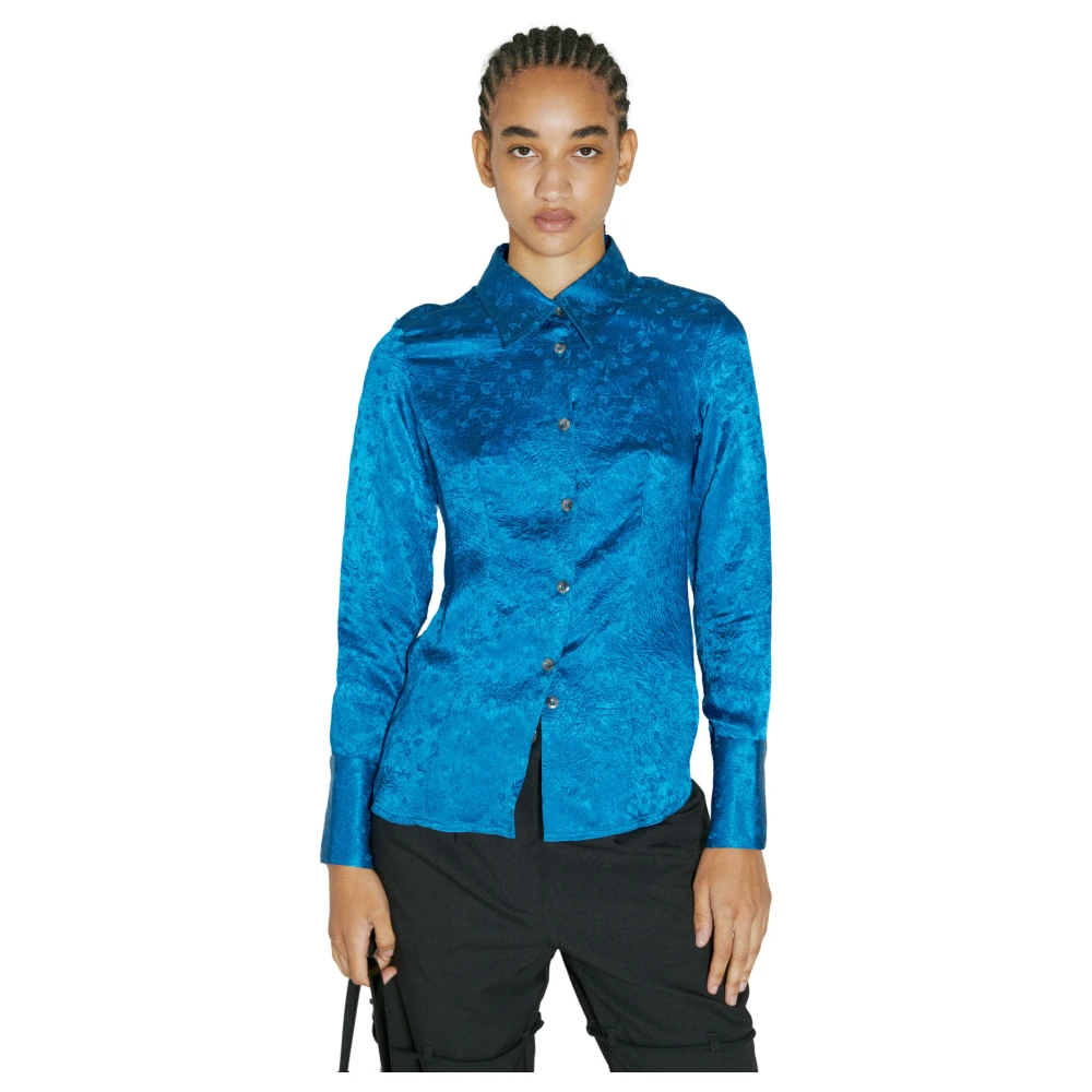 Song For The Mute Women's Blue Crinkle Flower Embroidered Shirt - Shirts - M - Blouses & Shirts