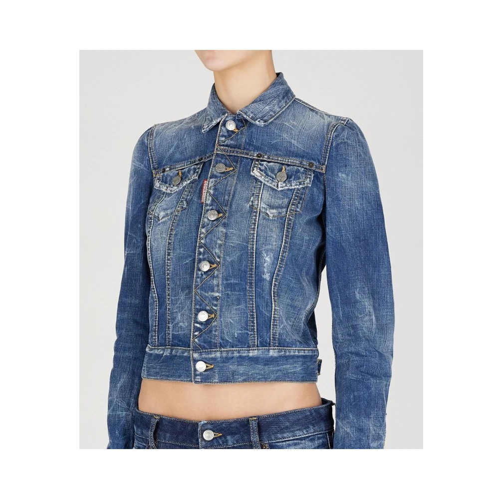 Dsquared2 Denim Stretch Jack met Italiaanse Kraag Blue Dames