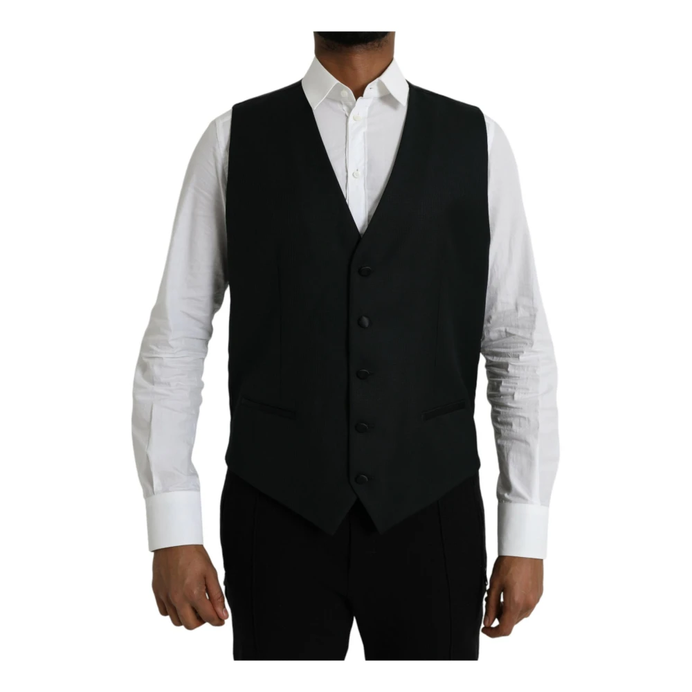 Dolce & Gabbana Men's Black Waistcoats, 2XL, Wool Dress Vest Single Breasted