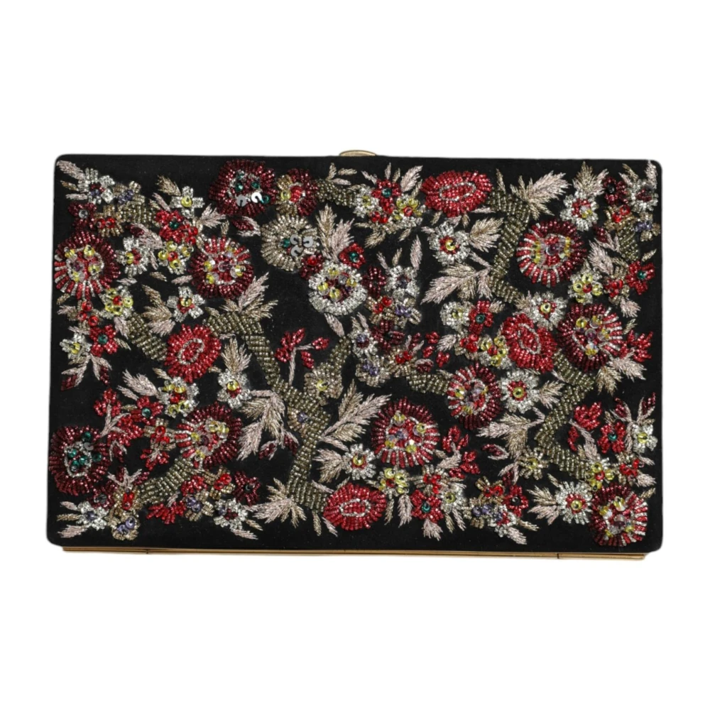 Dolce & Gabbana Zwarte Bloemen Gouden Frame Clutch Portemonnee Multicolor Dames