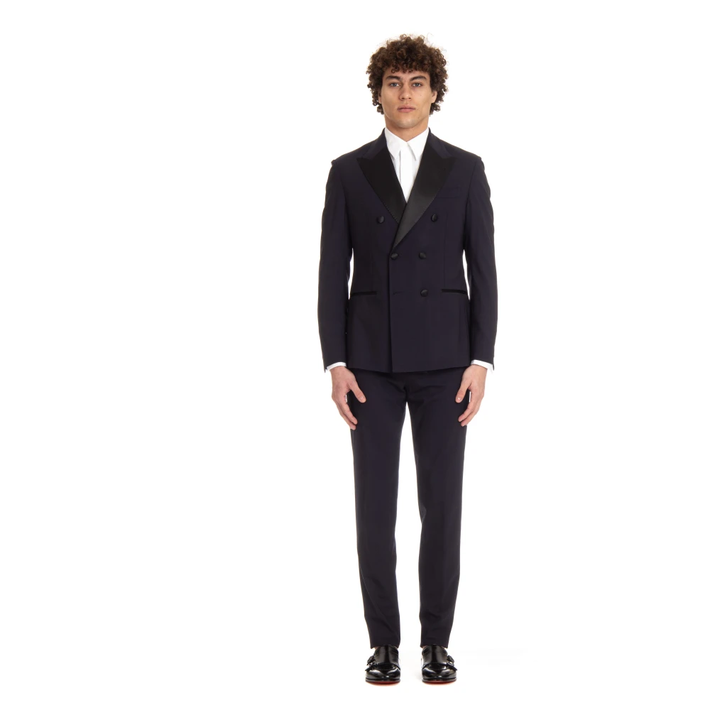 Eleventy Men's Blue Double Breasted Suits, Xl, Double-Breasted Wool Stretch Dress