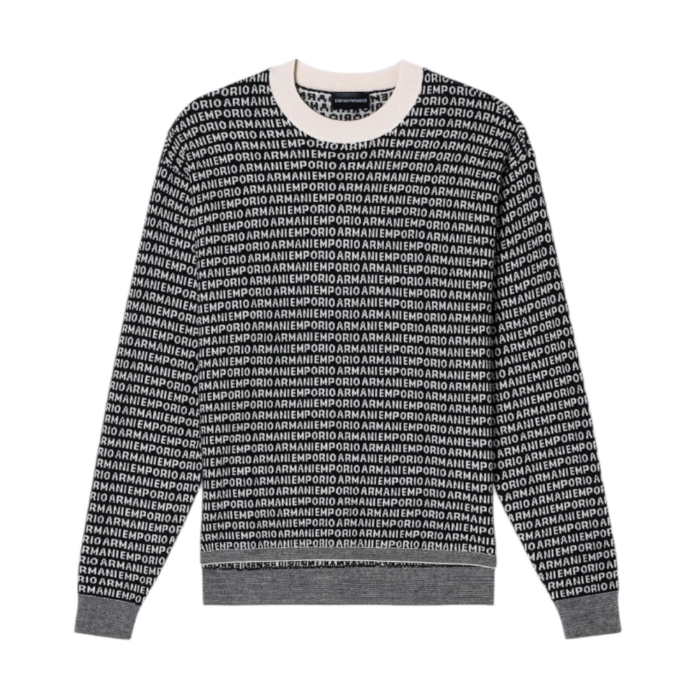 Emporio Armani Mannelijk Zwart Hoodies & Sweatvesten Heren, S, Wol, Trui Van Scheerwol Met Jacquard-Signaturelogo Over Het Hele Oppervlak