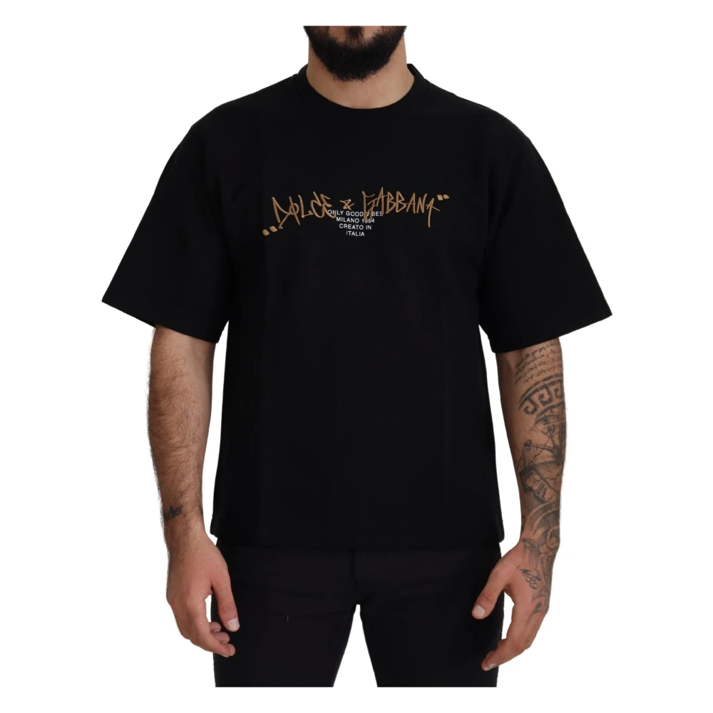 Dolce & Gabbana , T-Shirts, Male, Black, Xs, Black Cotton Blend Round Neck T-Shirt