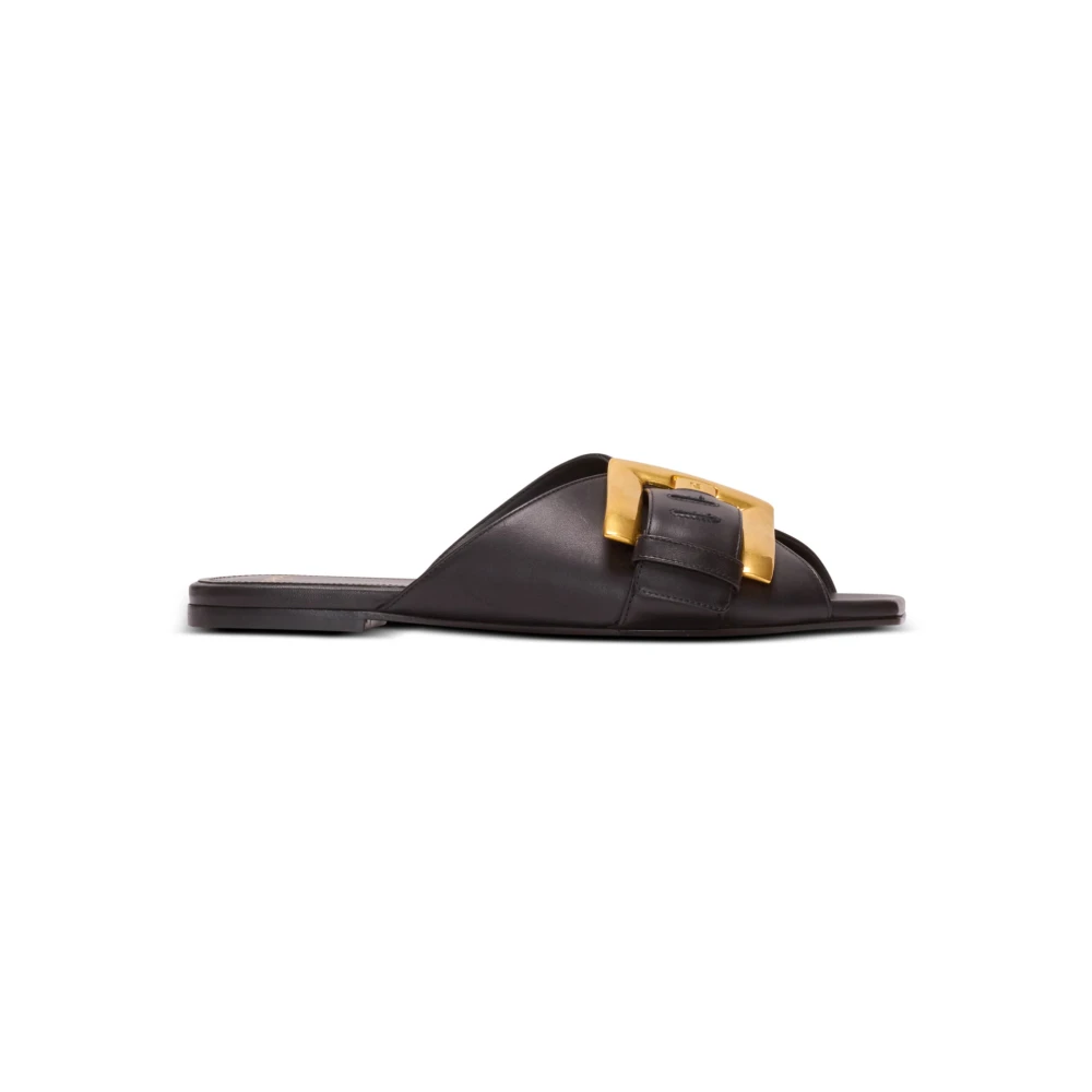 Balmain Black Anthem Flat Leather Sandals - Female - Sliders - 5 Uk - Shoes