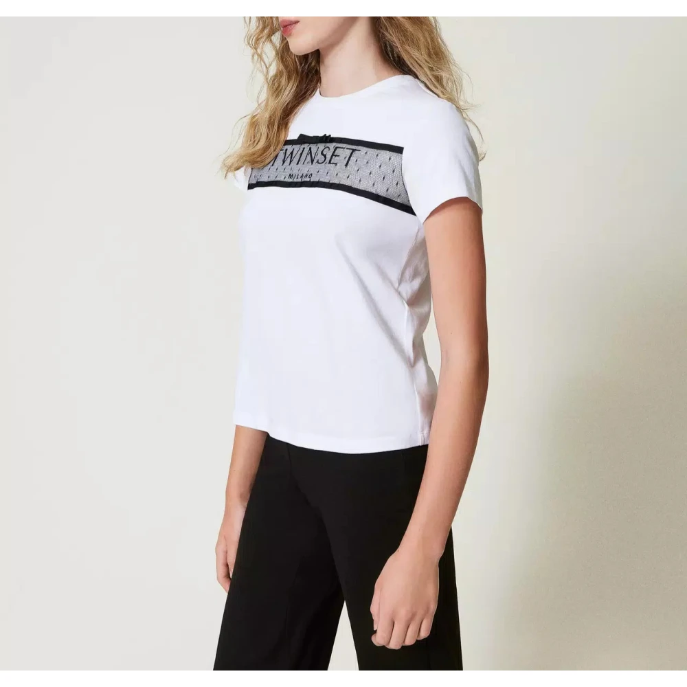 Twinset Tule Ruche Logo Geborduurd T-Shirt White Dames