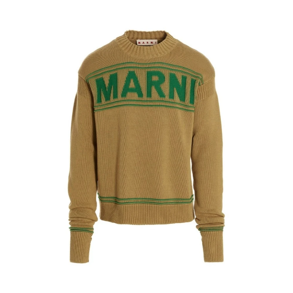 Marni Men's Brown Round-Neck Knitwear, M, Logo Mustard-Green Cotton Jumper