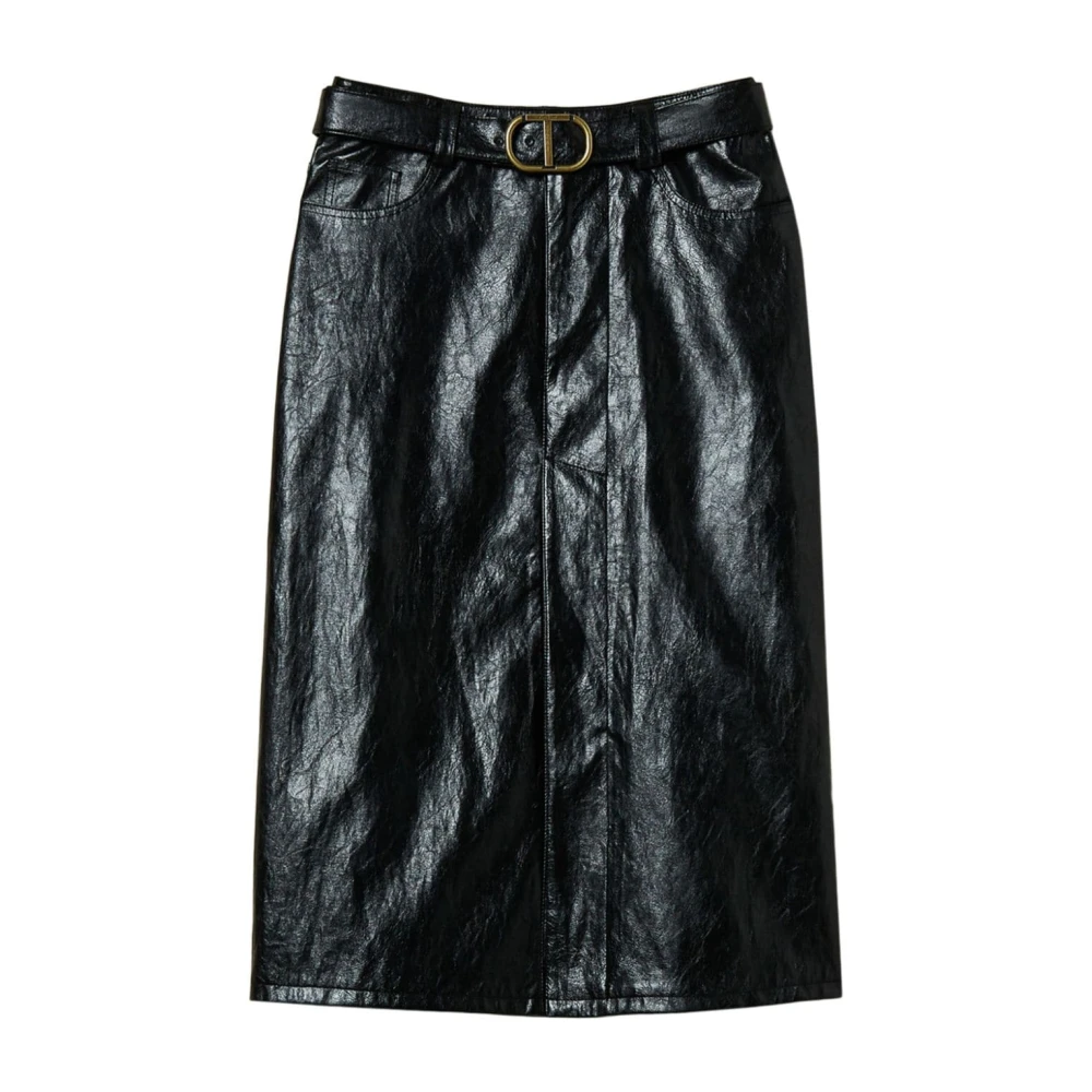 Twinset Zwarte leren rok met goudkleurig logo Black Dames