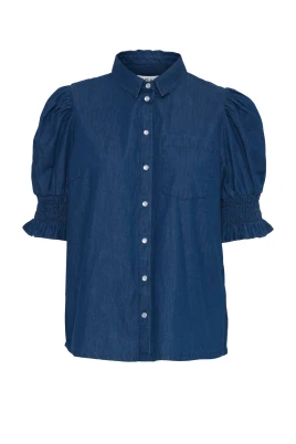 Mörkblå Tvättad Blus med Puffärmar