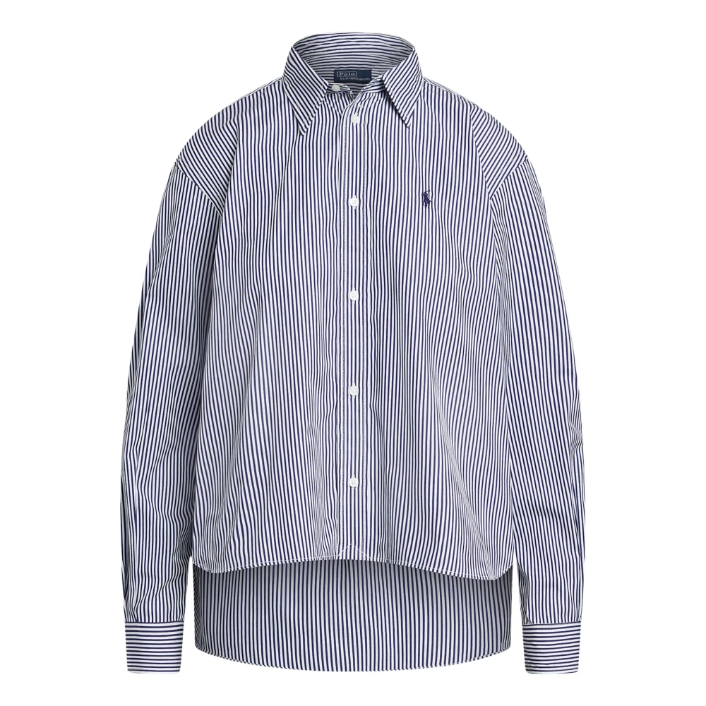 Ralph Lauren Women's Blue Shirts, Xs, Cropped Boxy Striped Cotton Shirt