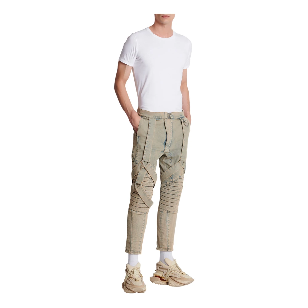 Balmain Multi-Strap Sandy Blue Denim Broek Gray Heren