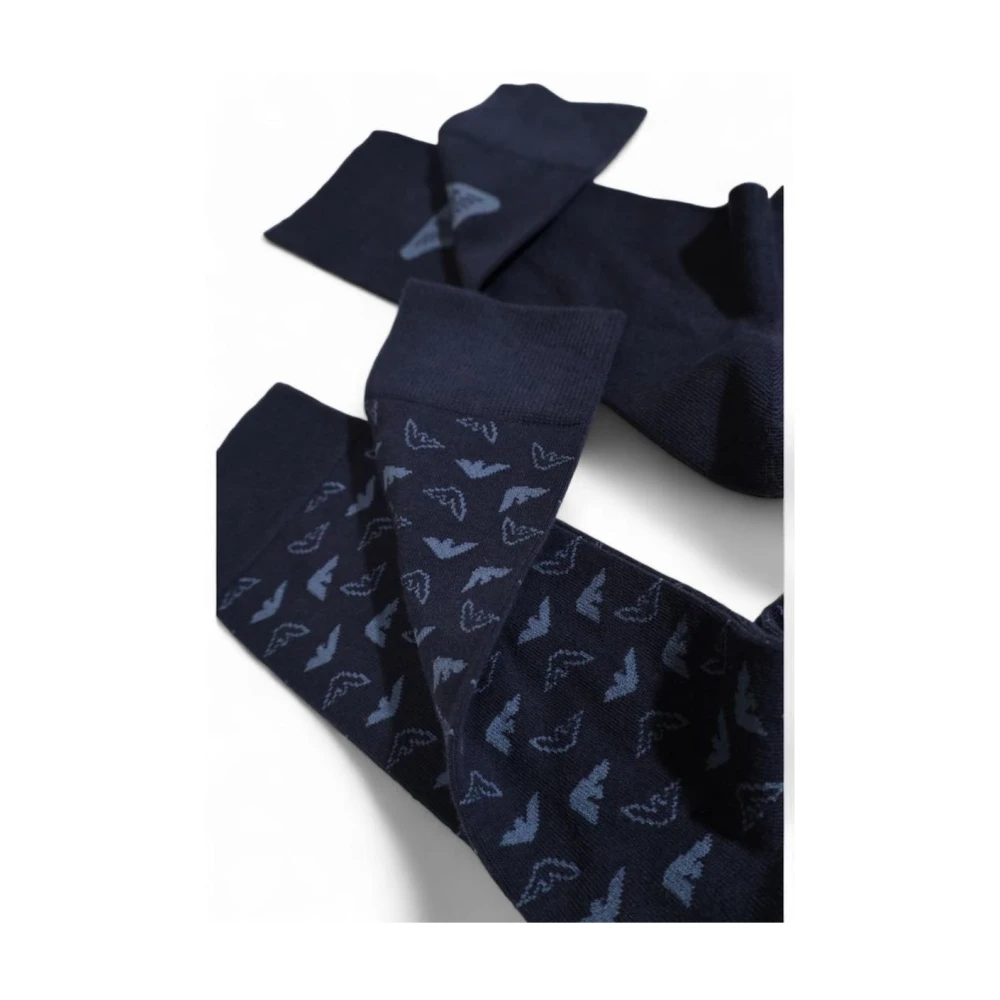 Emporio Armani Blauwe Katoenen Crew Sokken Logo Print Blue Heren