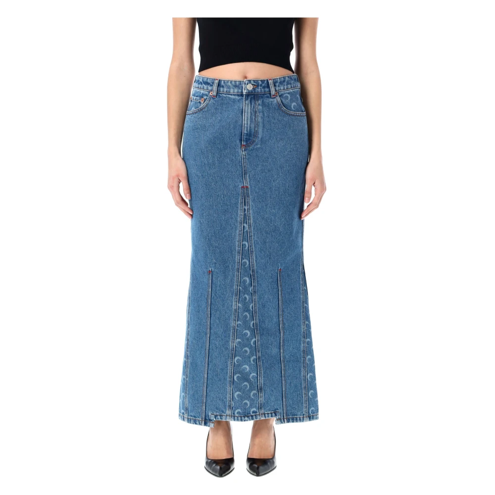 Marine Serre Maan Laser Denim Lange Rok Blue Dames