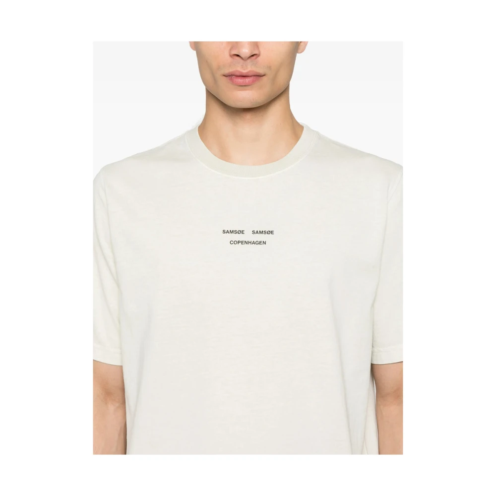 Samsøe Ecru Logo Print Crew Neck T-shirt Beige Heren
