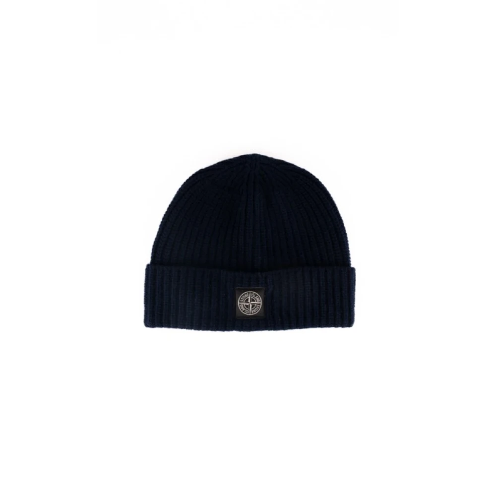 Stone Island Blauwe Wol Rib Logo Beanie Hoed Blue Heren