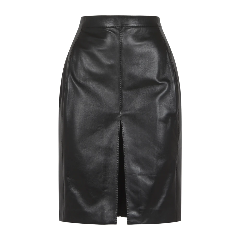 Saint Laurent Glanzende Lamsleren Kokerrok met Gewatteerde Panelen Black Dames