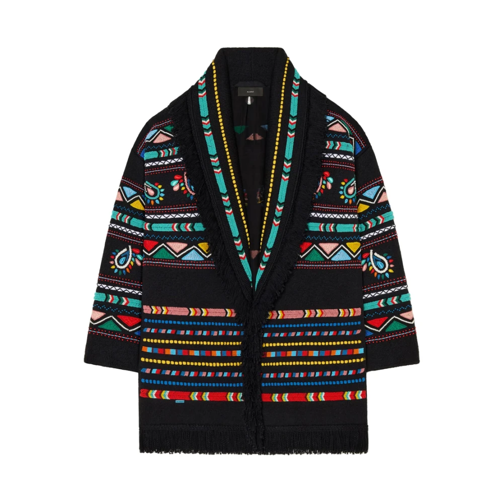 Alanui Zwarte Shawl Revers Trui met Franjes Multicolor Dames