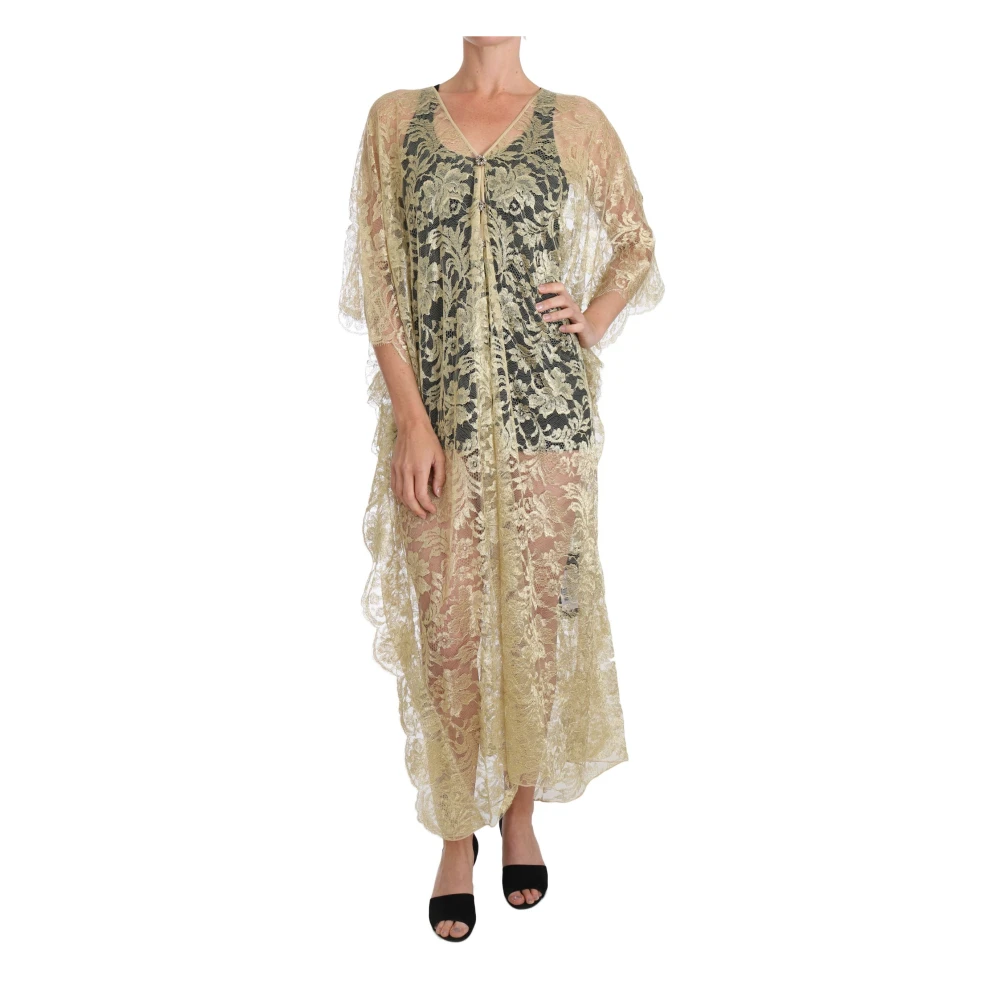 Dolce & Gabbana Women's Yellow Maxi Dresses,, Golden Floral Lace Kaftan Sundress 2XS