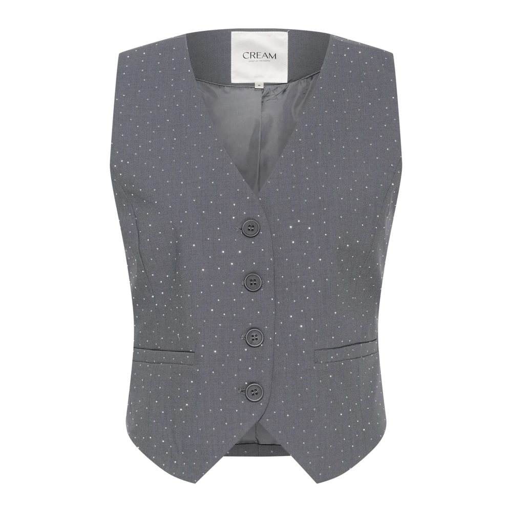 Cream Grijze Melange Vest met Similisten Details Gray Dames