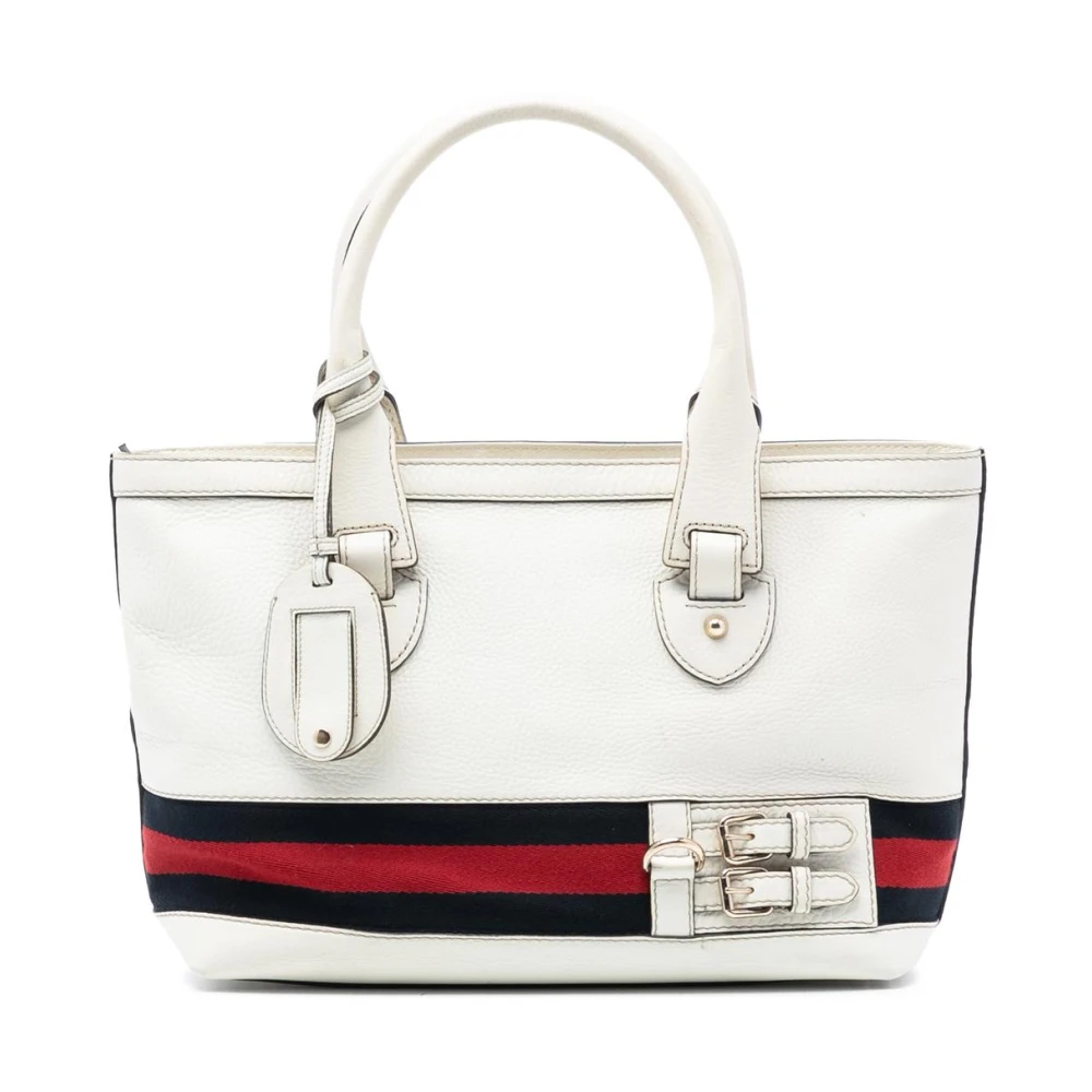 Gucci Vintage Women's White Pre-Owned Striped Leather Tote