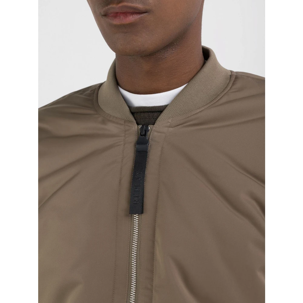 Replay Beige Satijnen Ribgebreid Jasje met Rits Brown Heren