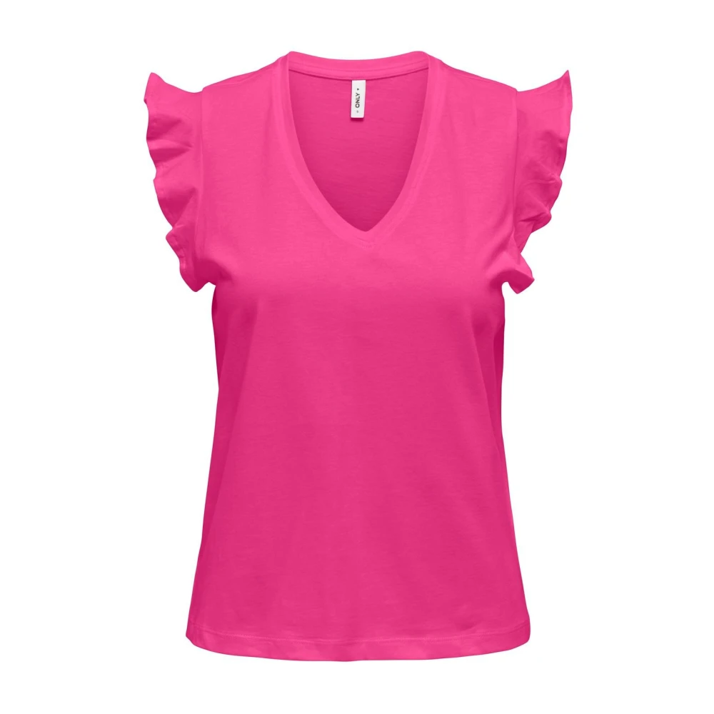 Only Frill V-Neck Korte Mouw T-Shirt Pink Dames