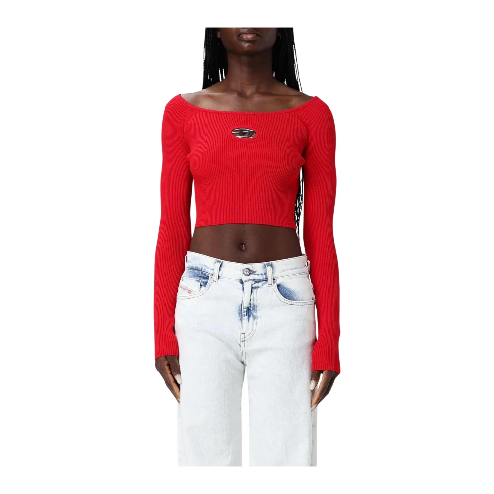 Diesel Women's Red Round-Neck Knitwear, Xs, Ribbed Knit Top With Cutout Detail