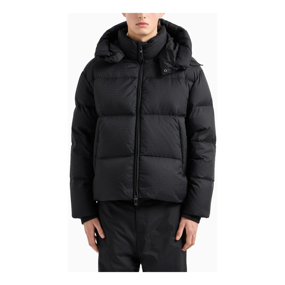 Emporio Armani Zwarte Logo Jacquard Pufferjas Black Heren