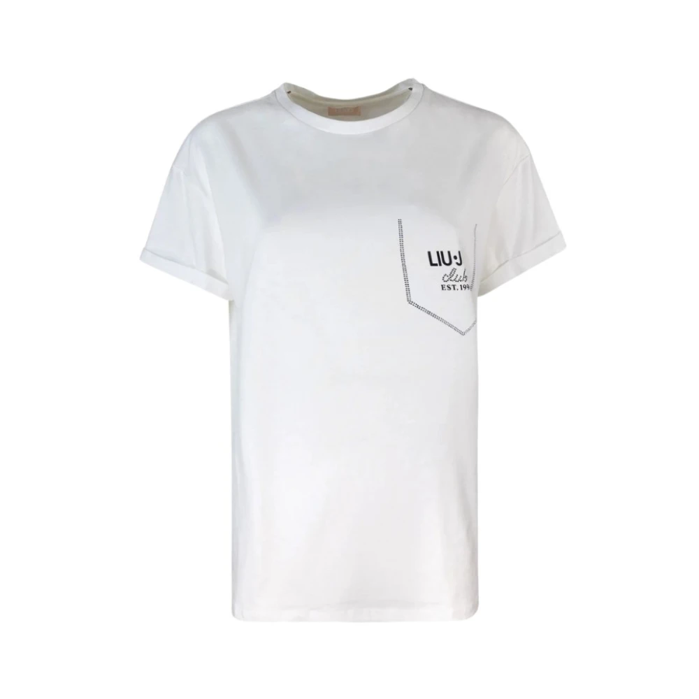 Liu Jo Women's White T-Shirts, L, Short Sleeve Cotton T-Shirt With Rhinestone Logo