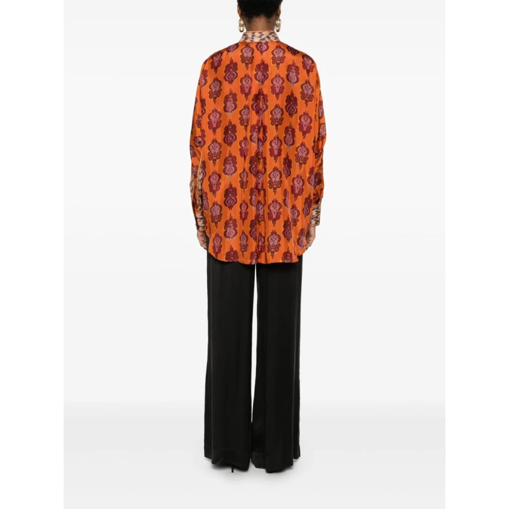 Zimmermann Satijnen Afwerking Ikat Print Lange Mouw Shirt Orange Dames