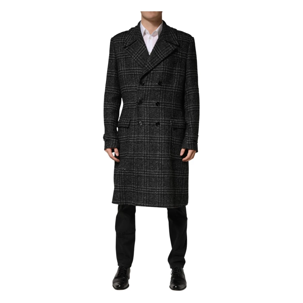 Dolce & Gabbana Gray Double-Breasted Coats, Male, Xl, Grey Double Breasted Plaid Wool Coat Jacket
