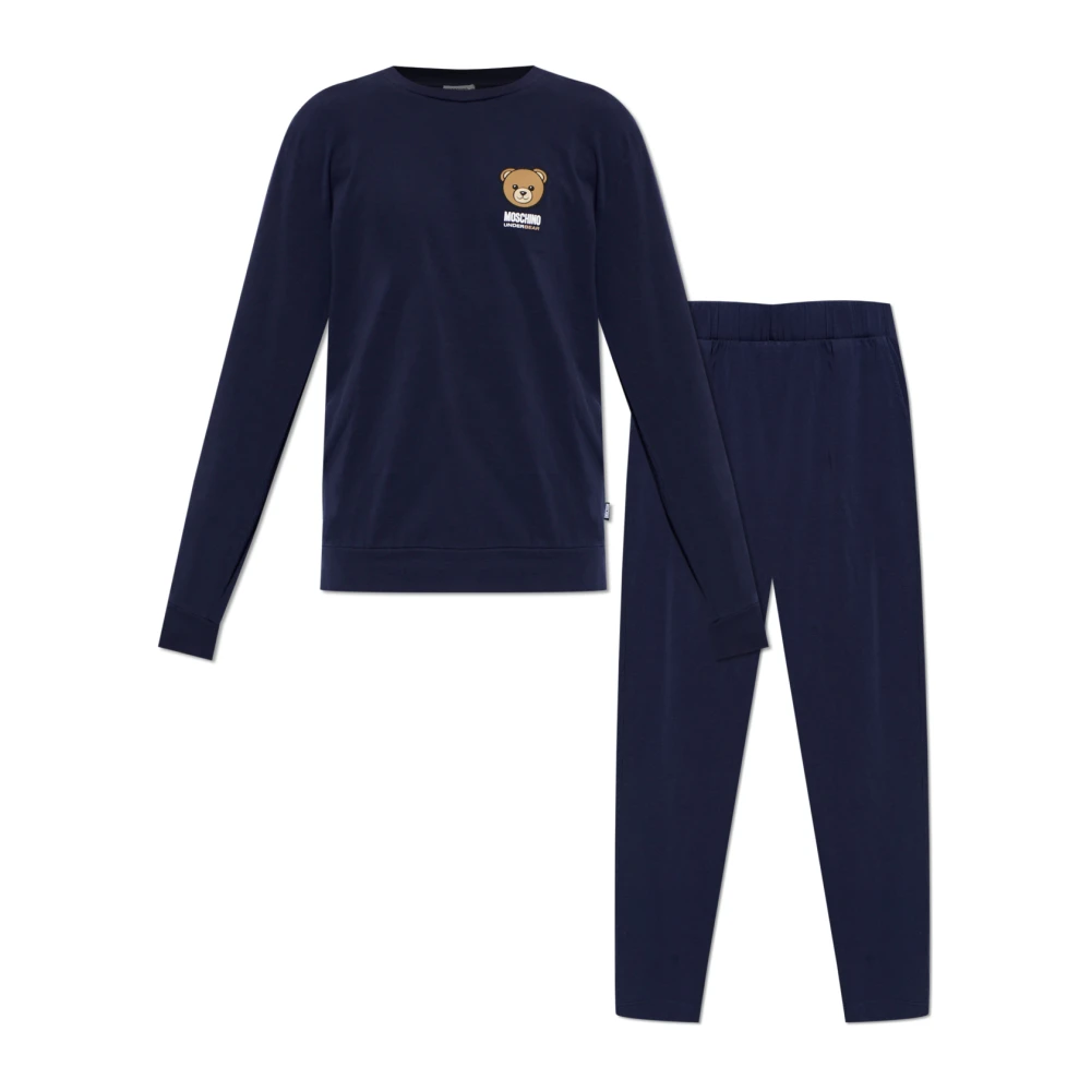 Moschino Mannelijk Blauw Nachtkleding Heren, M, Tweed, Tweedelige Pyjamaset Met Logo
