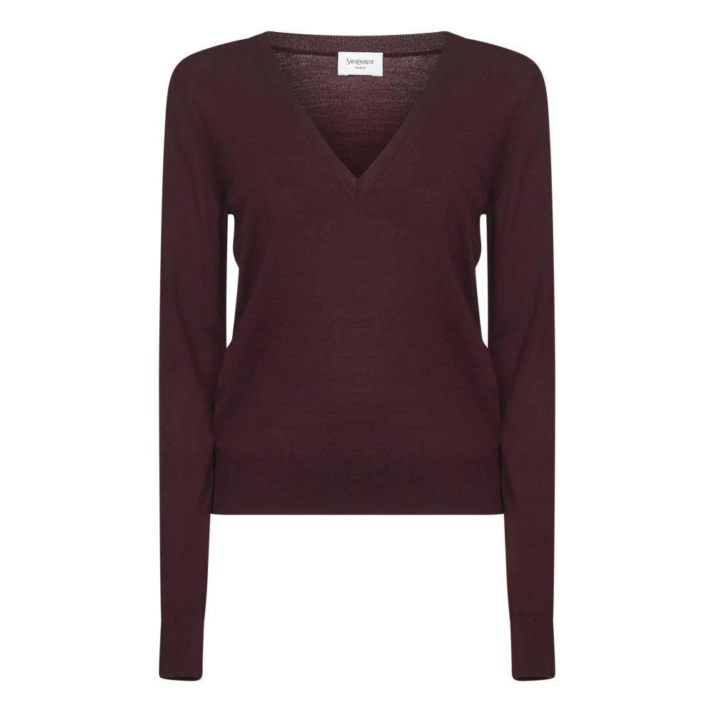 Saint Laurent Women's Bordeaux Wool V-Neck Sweater