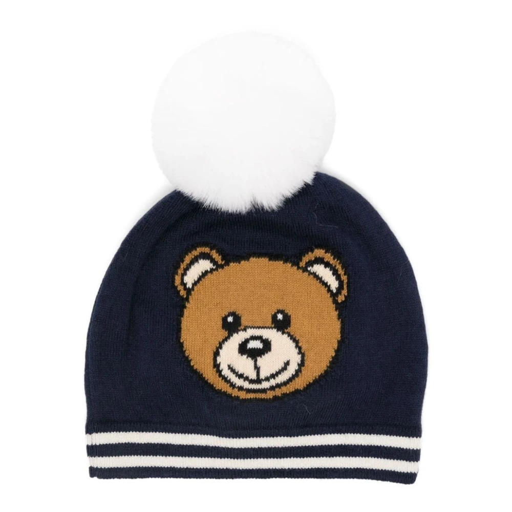 Moschino Pom Pom Stickad Mössa med Teddy Logo Blue, Unisex